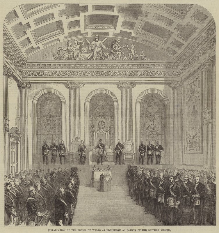 Installation du prince de Galles à Édimbourg en tant que patron des maçons écossais (gravure) - English School