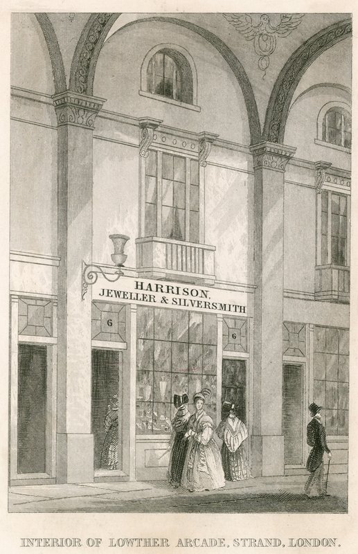 Intérieur de Lowther Arcade, Strand, Londres, avec Harrison, bijoutier et orfèvre - English School