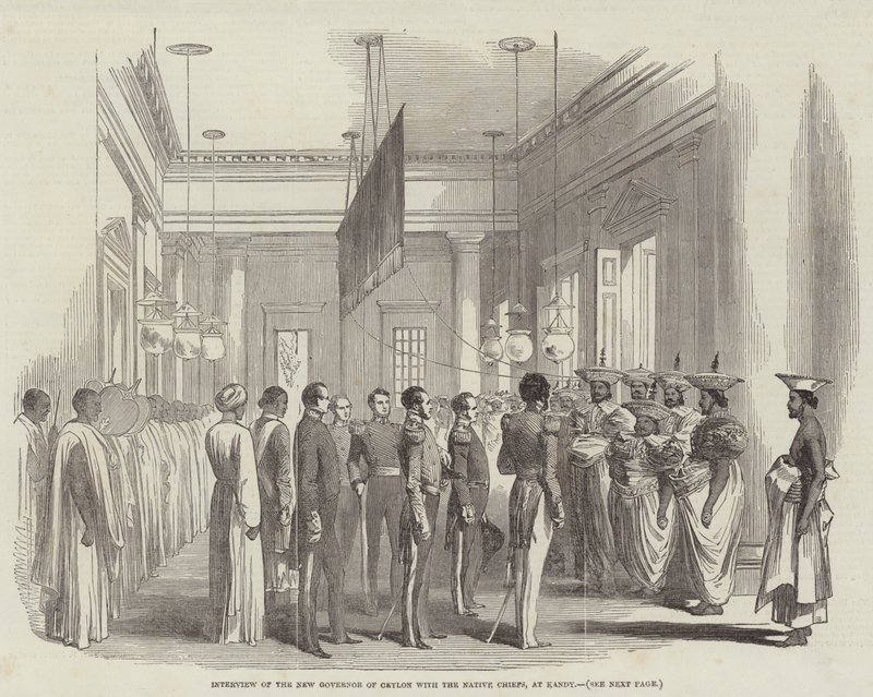 Entrevue du nouveau gouverneur de Ceylan avec les chefs natifs, à Kandy (gravure) - English School