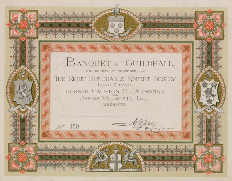 Invitation à un banquet au Guildhall, Londres, le 9 novembre 1869 - English School