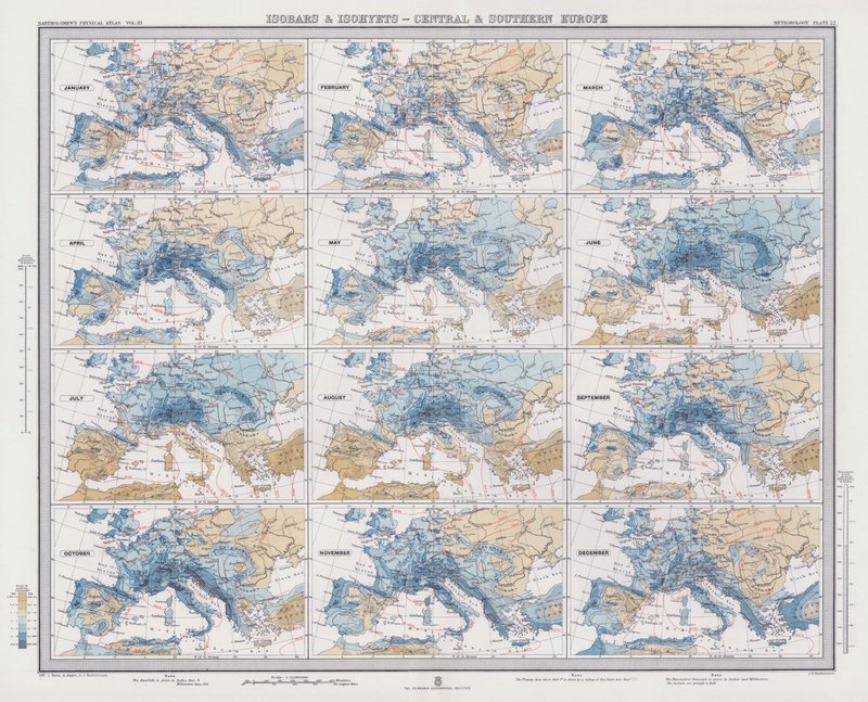 Isobares et isohyètes, Europe centrale et méridionale - English School