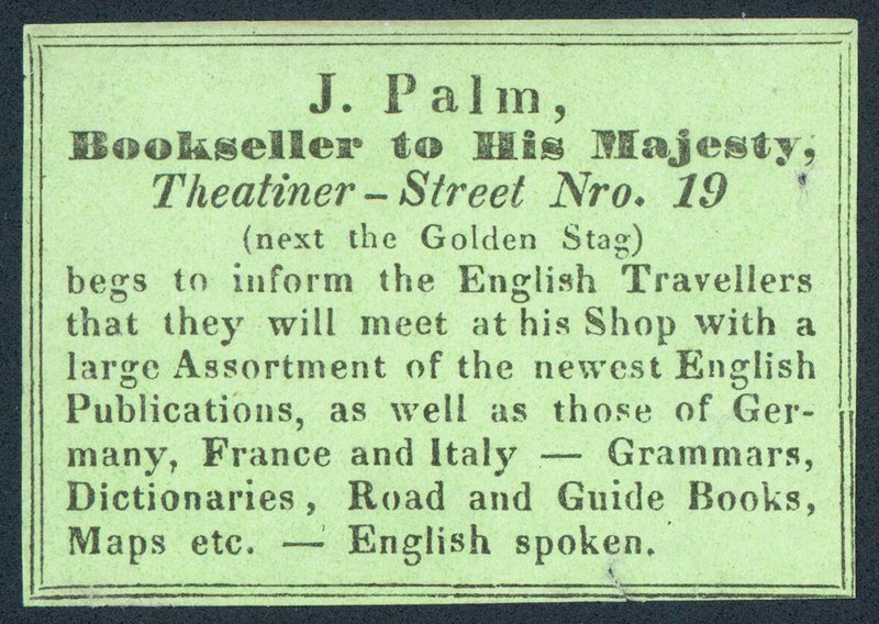 J Palm, libraire de Sa Majesté, carte de visite - English School