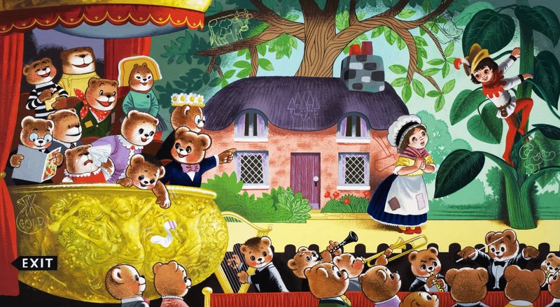 Jack et le haricot magique observés par des ours en peluche - English School
