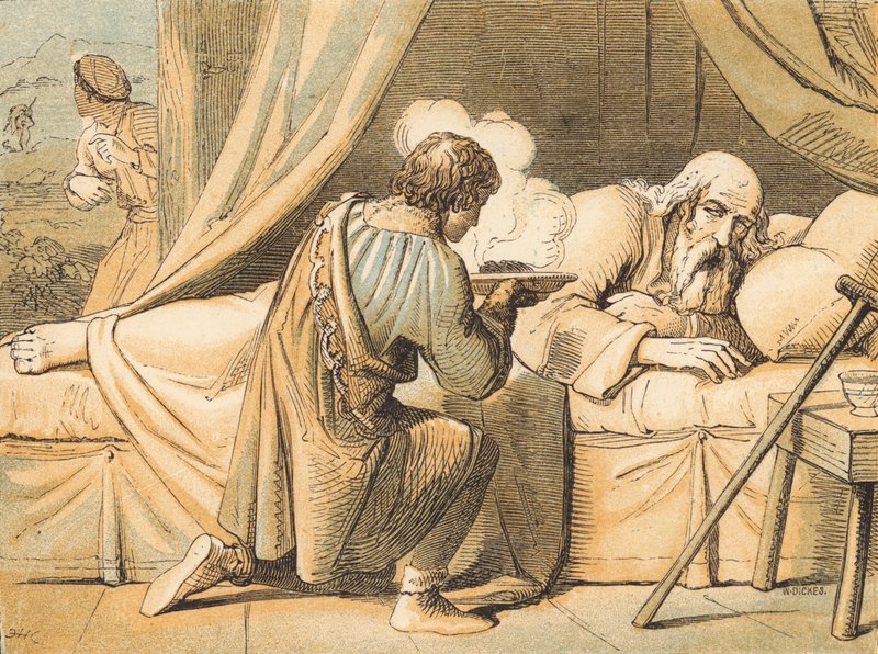 Jacob trompant son père Isaac (gravure en couleur) - English School