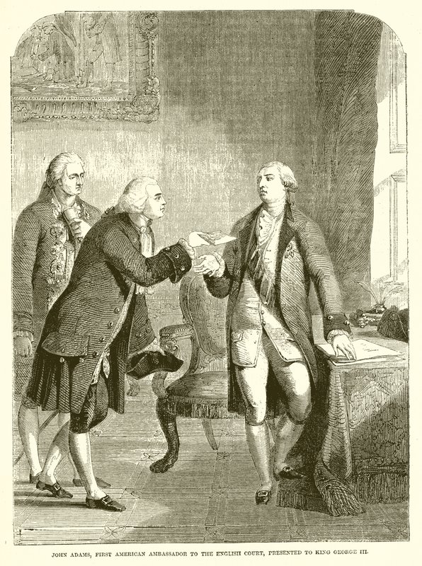 John Adams, premier ambassadeur américain à la cour anglaise, présenté au roi George III - English School