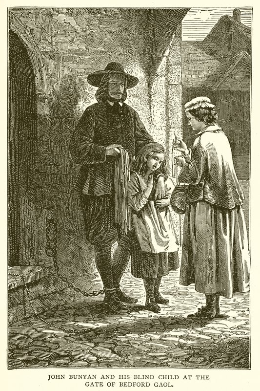 John Bunyan et son enfant aveugle à la porte de la prison de Bedford - English School