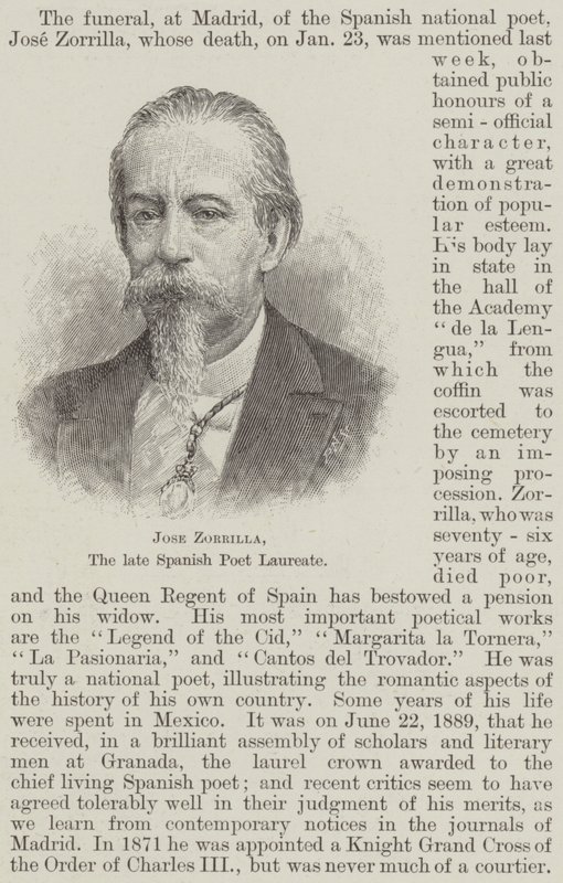 Jose Zorrilla, le défunt poète lauréat espagnol (gravure) - English School