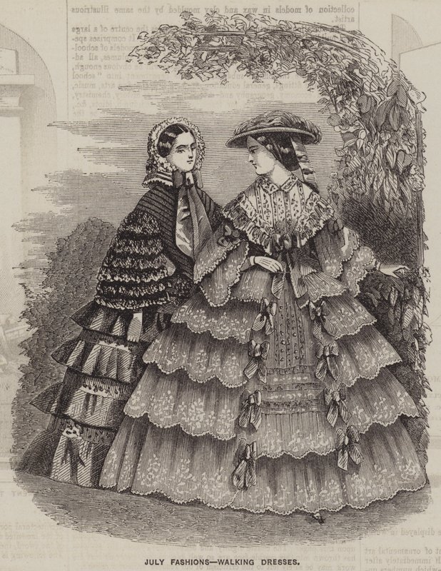 Modes de juillet, robes de promenade (gravure) - English School