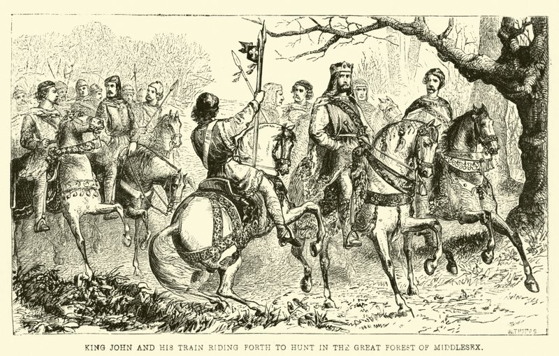 Le roi Jean et sa suite partant chasser dans la Grande Forêt de Middlesex - English School