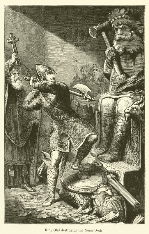 Le roi Olaf détruisant les dieux nordiques (gravure) - English School