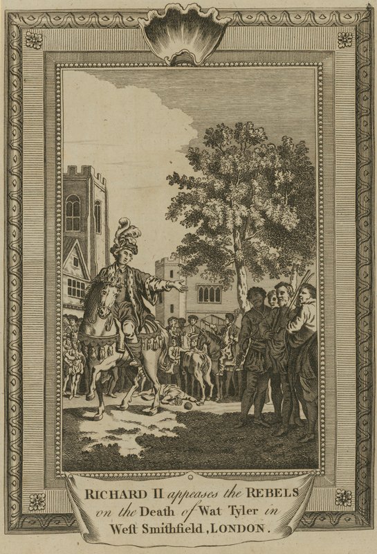 Le roi Richard II apaise les rebelles à la mort de Wat Tyler à West Smithfield, Londres - English School