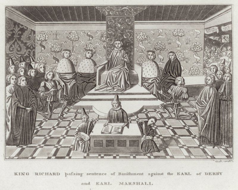 Le roi Richard prononce la sentence de bannissement contre le comte de Derby et le comte maréchal - English School