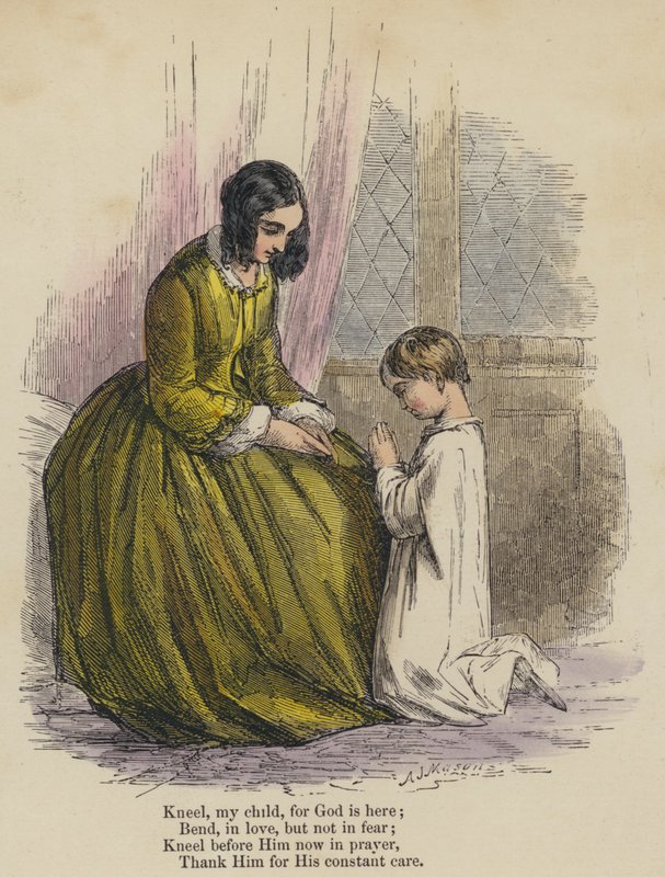 Agenouille-toi mon enfant, car Dieu est ici; Incline-toi, avec amour, mais sans crainte; Agenouille-toi devant Lui maintenant en prière, Remercie-Le pour Ses soins constants - English School