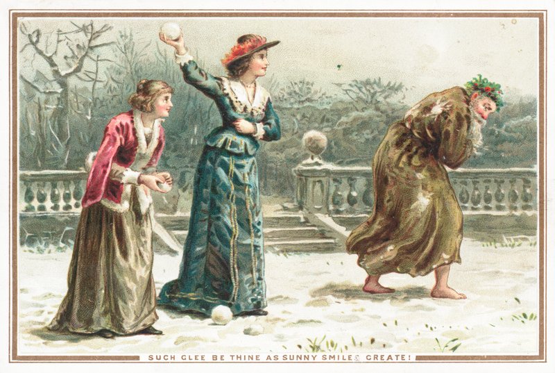 Dames lançant des boules de neige à un vieil homme, carte de Noël - English School