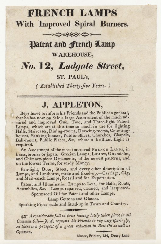 Fabricant de lampes, carte de visite - English School