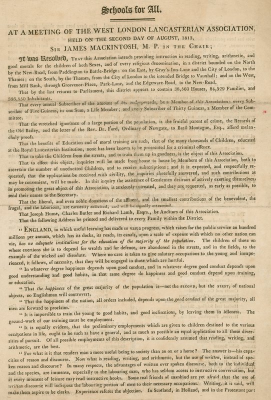 Prospectus expliquant une résolution de la West London Lancasterian Association pour commencer à fournir une instruction aux enfants, août 1813 - English School