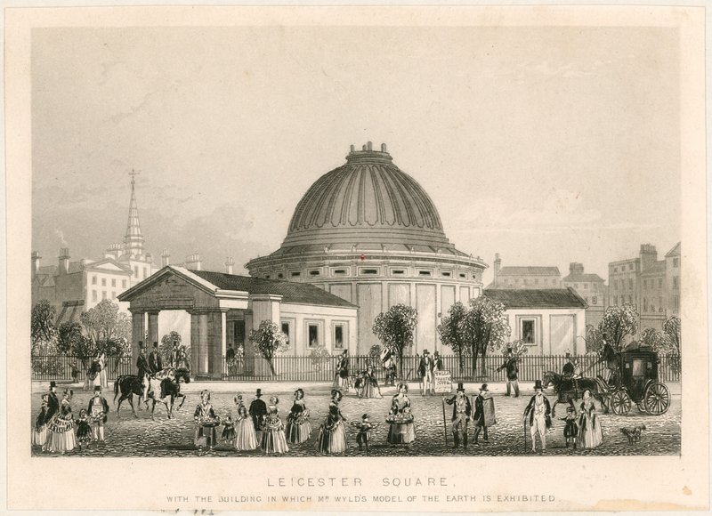 Leicester Square avec le bâtiment où est exposé le modèle de la terre de M. Wyld - English School
