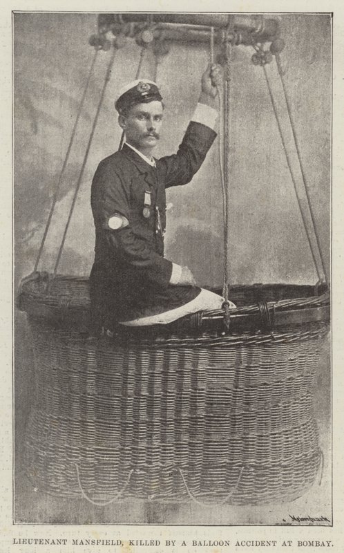Lieutenant Mansfield, tué par un accident de ballon à Bombay (gravure) - English School