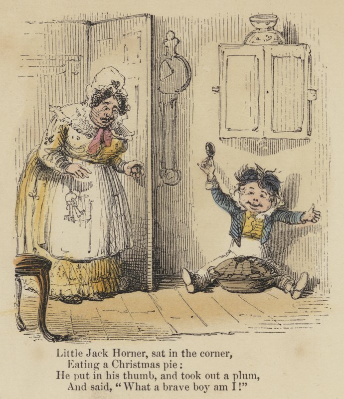 Petit Jack Horner, assis dans le coin, Mangeant une tarte de Noël, Il a mis son pouce, et a sorti une prune, Et a dit, "Quel brave garçon je suis!" - English School