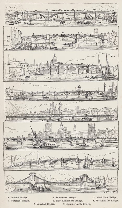 Pont de Londres, pont de Southwark, pont de Blackfriars, pont de Waterloo, nouveau pont de Hungerford, pont de Westminster, pont de Vauxhall, pont de Hammersmith (gravure) - English School