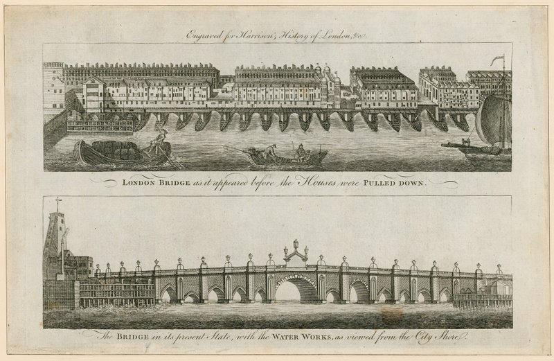 Le pont de Londres avant que les maisons ne soient démolies, et dans son état actuel - English School