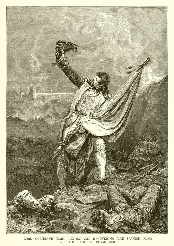 Lord Cochrane (comte de Dundonald) récupérant le drapeau espagnol au siège de Rosas, 1808 - English School