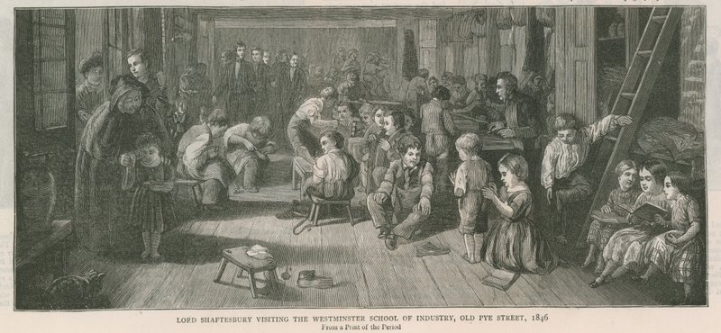 Lord Shaftesbury visitant la Westminster School of Industry, Old Pye Street, Londres, 1846 - English School