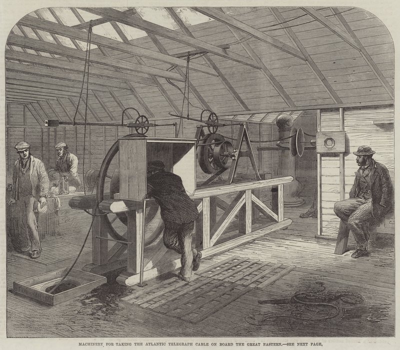 Machinerie pour embarquer le câble télégraphique atlantique à bord du Great Eastern (gravure) - English School