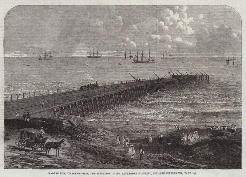 Jetée de Madras, sur pieux vissés, invention de M. Alexander Mitchell, CE (gravure) - English School