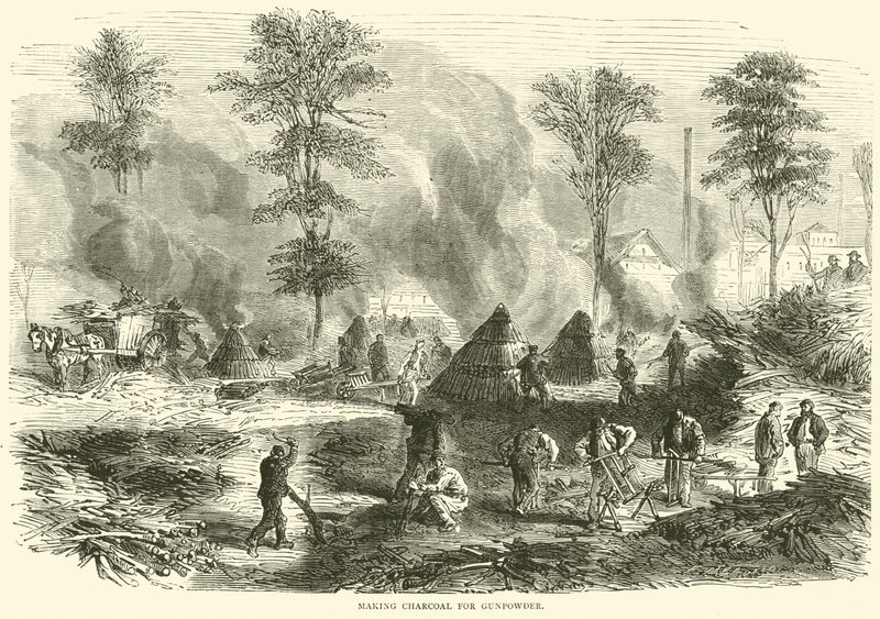 Fabrication de charbon pour la poudre à canon, octobre 1870 - English School