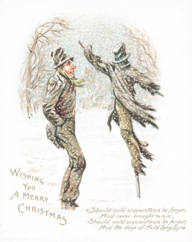 Homme regardant un épouvantail, Carte de Noël - English School
