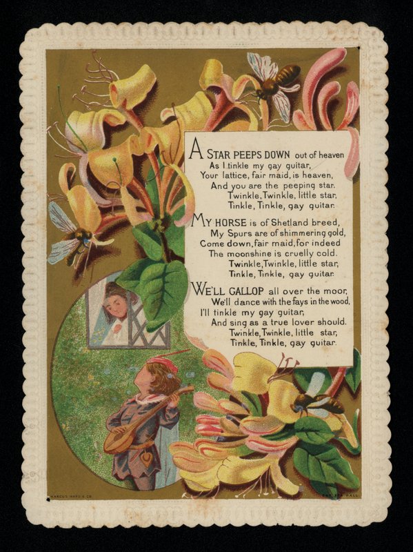 Homme sérénadant son amante et chèvrefeuille, carte de vœux - English School