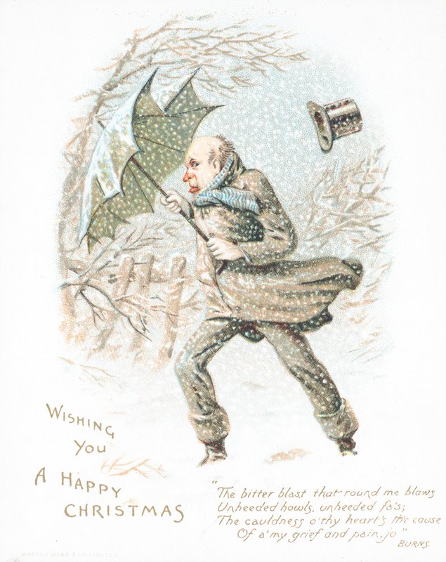 Homme marchant dans la neige sous un vent fort, Carte de Noël - English School
