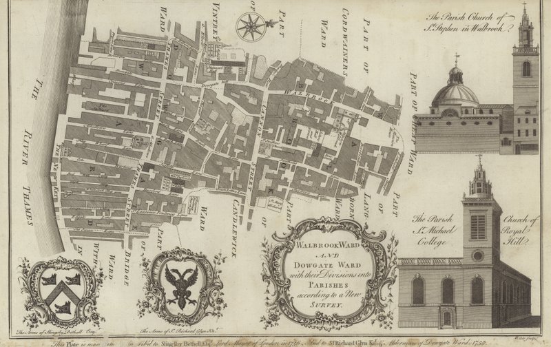 Carte des quartiers de Walbrook et Dowgate, Londres - English School