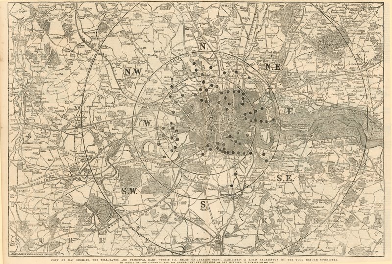 Carte montrant les barrières de péage et les principales barrières dans un rayon de 6 miles de Charing Cross, présentée à Lord Palmerston par le Comité de réforme des péages - English School