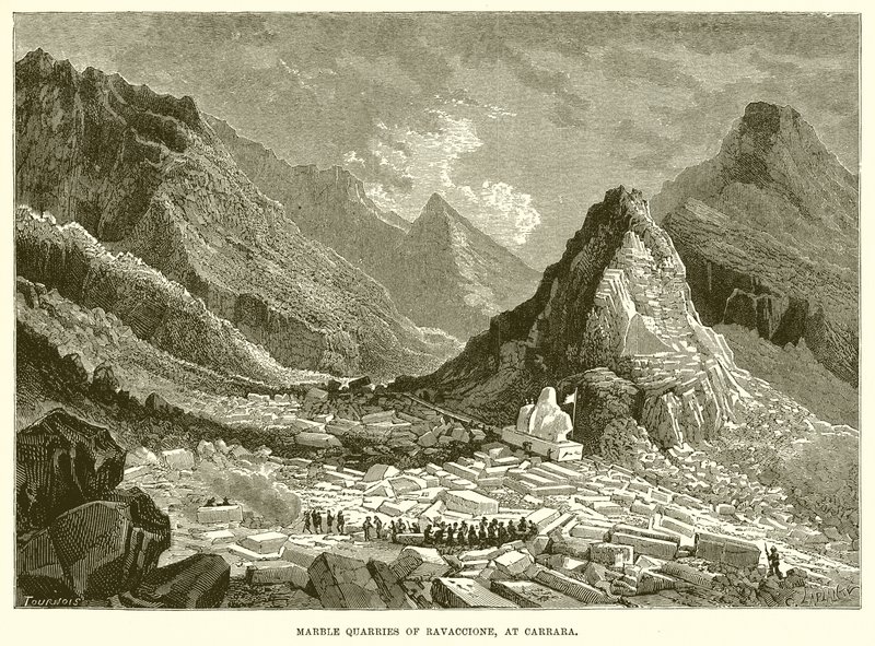 Carrières de marbre de Ravaccione, à Carrare (gravure) - English School