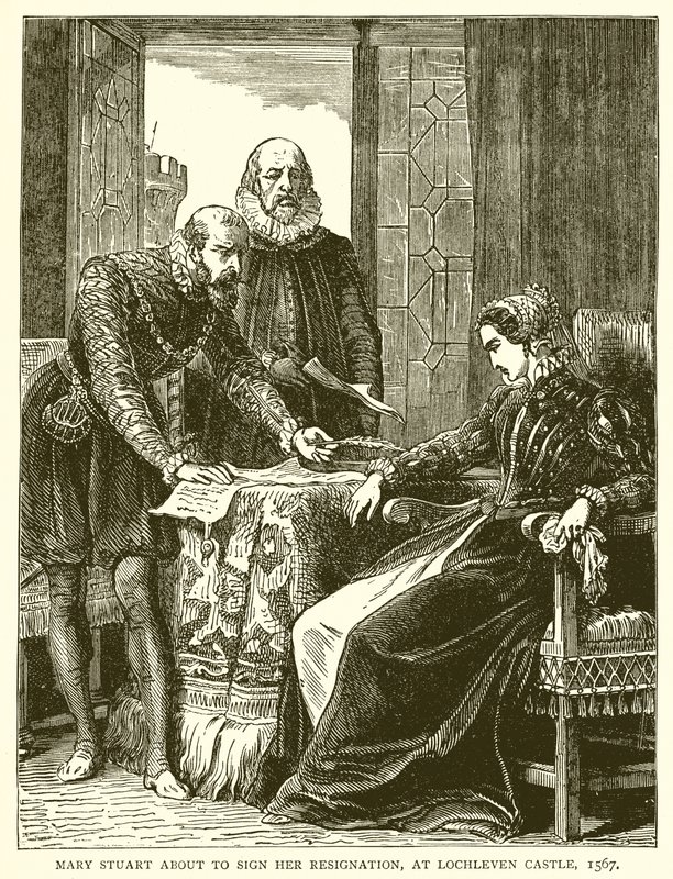 Marie Stuart signant sa démission, au château de Lochleven, 1567 - English School