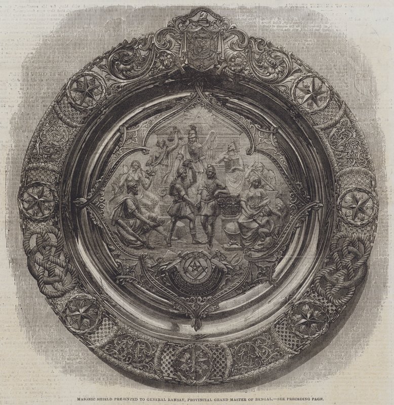 Bouclier maçonnique présenté au général Ramsay, Grand Maître provincial du Bengale (gravure) - English School