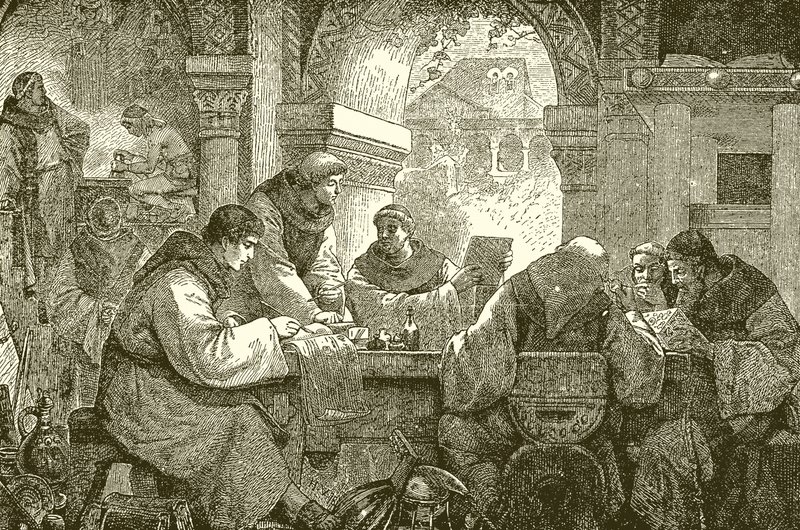 Culture médiévale - Moines dans un couvent illuminant et transcrivant des livres - English School
