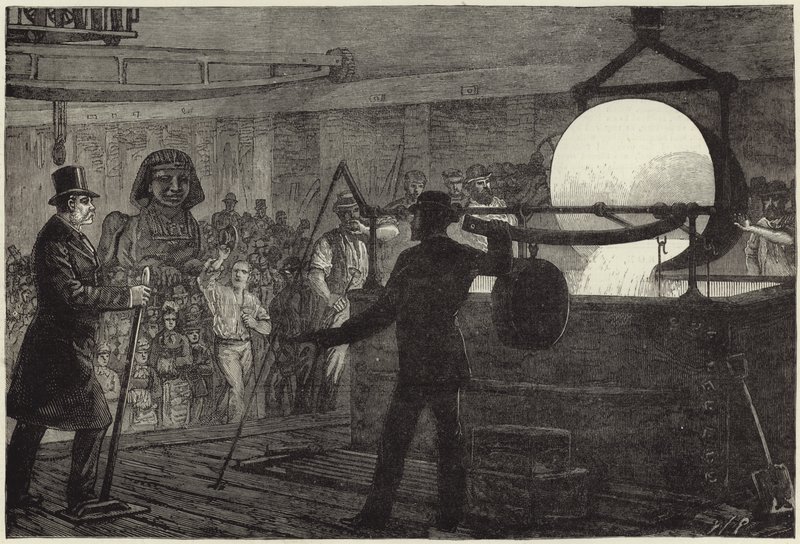 Fusion du métal pour le sphinx en bronze qui sera placé sur la digue de la Tamise (gravure) - English School