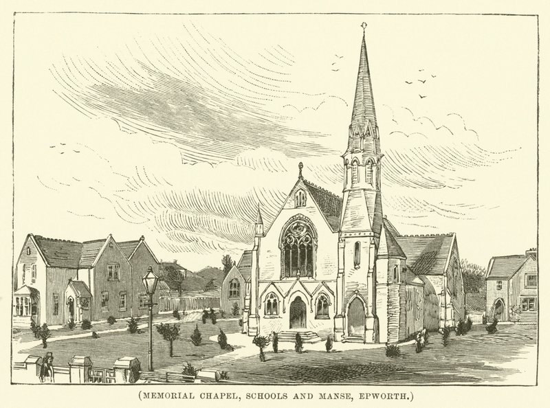 Chapelle commémorative, écoles et manse, Epworth (gravure) - English School