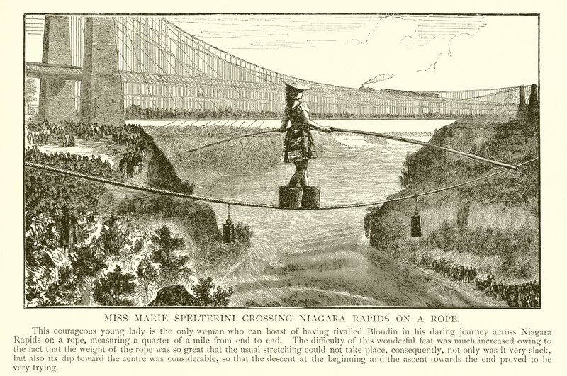 Mlle Marie Spelterini traversant les rapides du Niagara sur une corde - English School