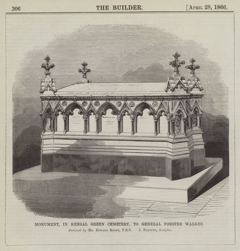 Monument, au cimetière de Kensal Green, pour le Général Forster Walker, conçu par M. Edward Blore, FRS (gravure) - English School