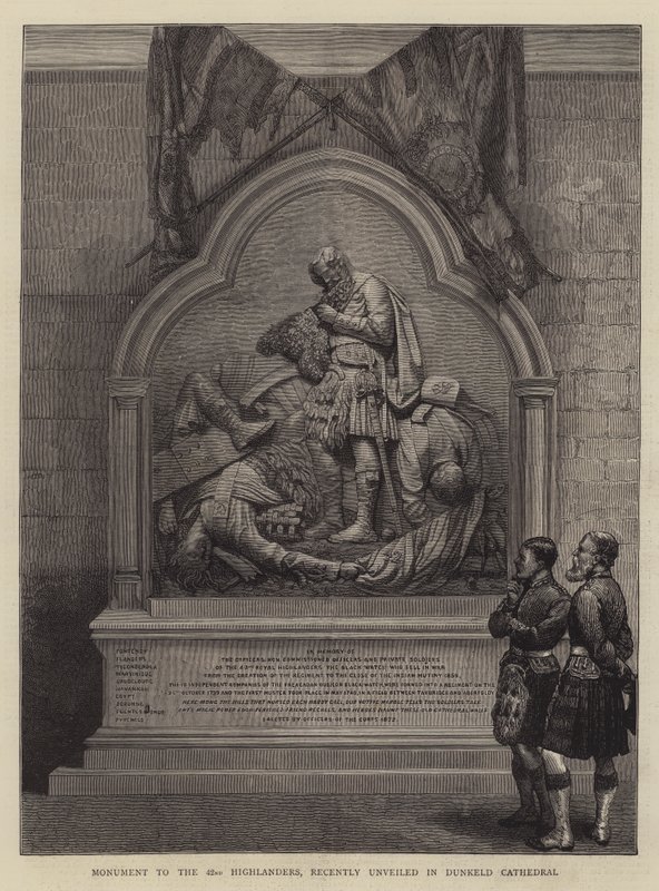 Monument aux 42e Highlanders, récemment dévoilé dans la cathédrale de Dunkeld (gravure) - English School