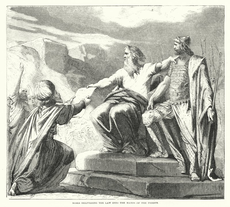 Moïse remettant la loi aux prêtres (gravure) - English School