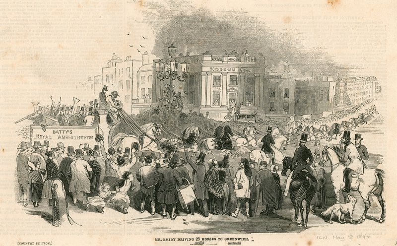 M. Emidy conduisant vingt-huit chevaux de Londres à Greenwich - English School