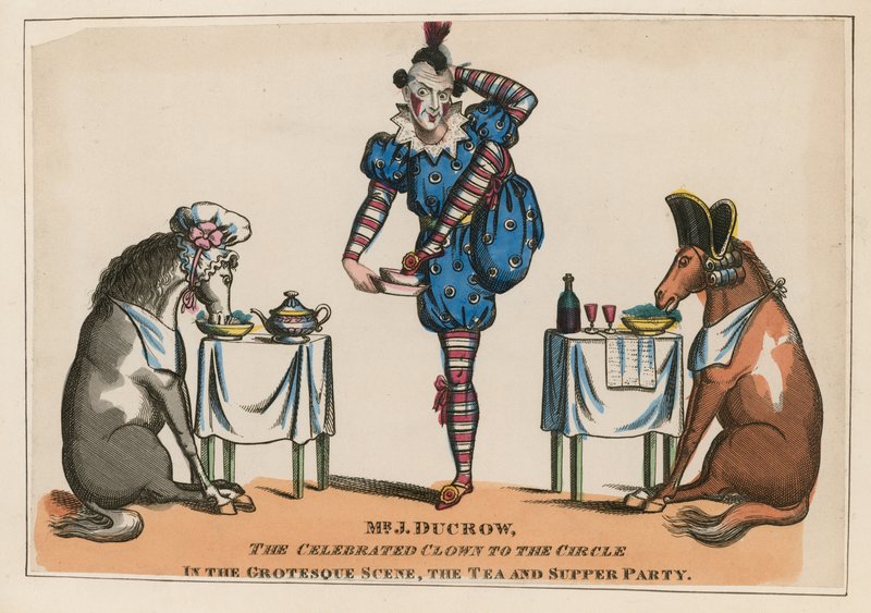 M. John Ducrow, le clown célèbre du cercle dans la scène grotesque, la fête du thé et du souper - English School