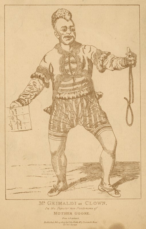 M. Joseph Grimaldi en Clown dans la pantomime populaire Mother Goose - English School