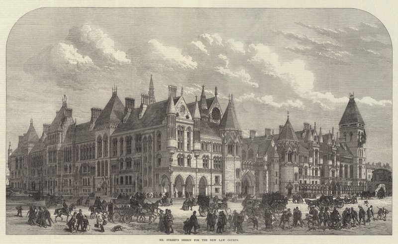 Le design de M. Street pour les nouveaux tribunaux (gravure) - English School