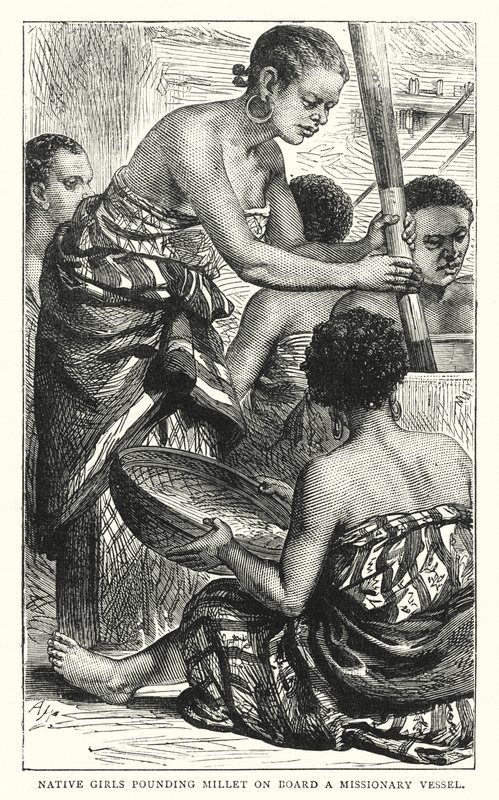 Filles indigènes pilant du millet à bord d